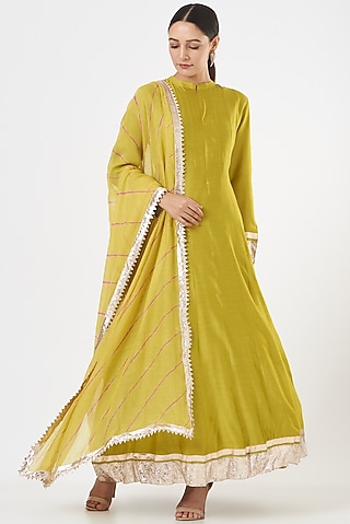Olive Green Chanderi Anarkali Set by Pinki Sinha