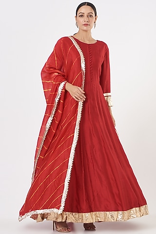 Red Chanderi Anarkali Set by Pinki Sinha