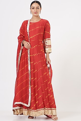 Red Printed Anarkali Set by Pinki Sinha