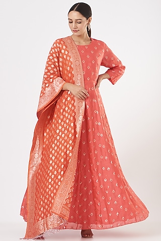 Red Mulberry Silk Anarkali Set by Pinki Sinha