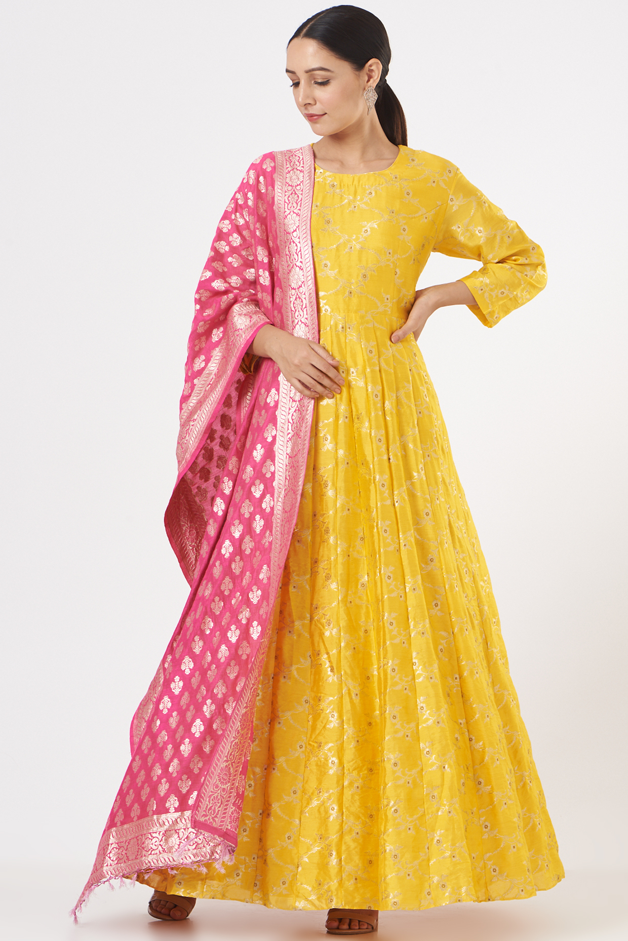 Mustard Banarasi Anarkali Set by Pinki Sinha