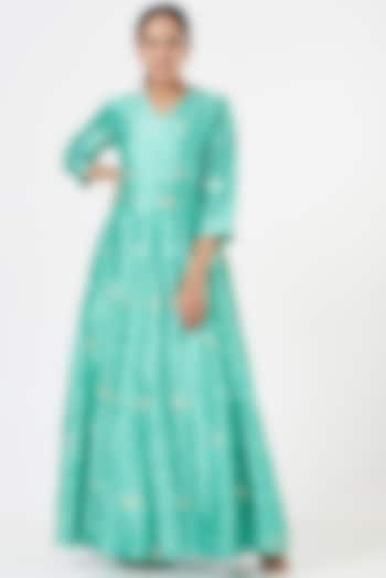 Turquoise Printed Anarkali by Pinki Sinha at Pernia's Pop Up Shop