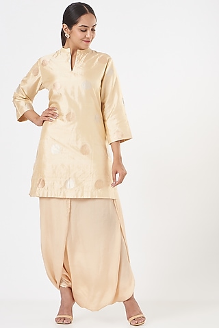 Beige Satin Dhoti Skirt Set by Pinki Sinha