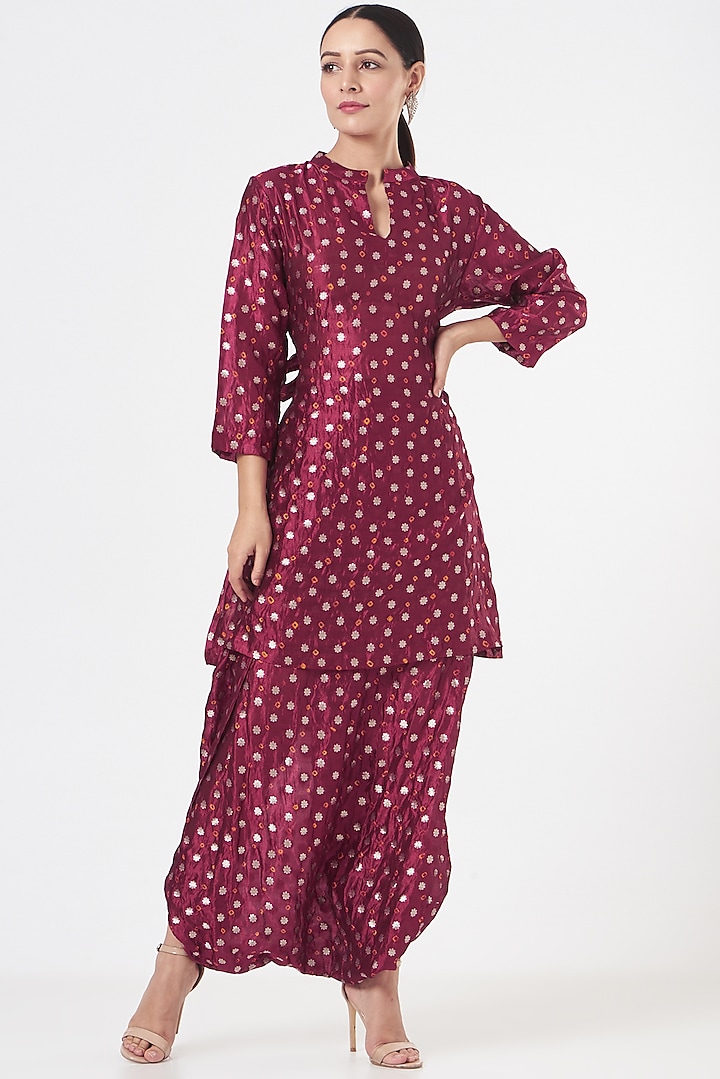 Maroon Silk Dhoti Skirt Set by Vishwa by Pinki Sinha