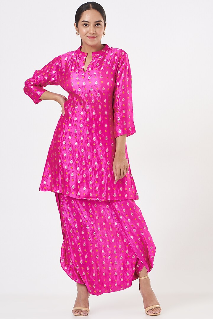 Pink Silk Dhoti Skirt Set by Vishwa by Pinki Sinha