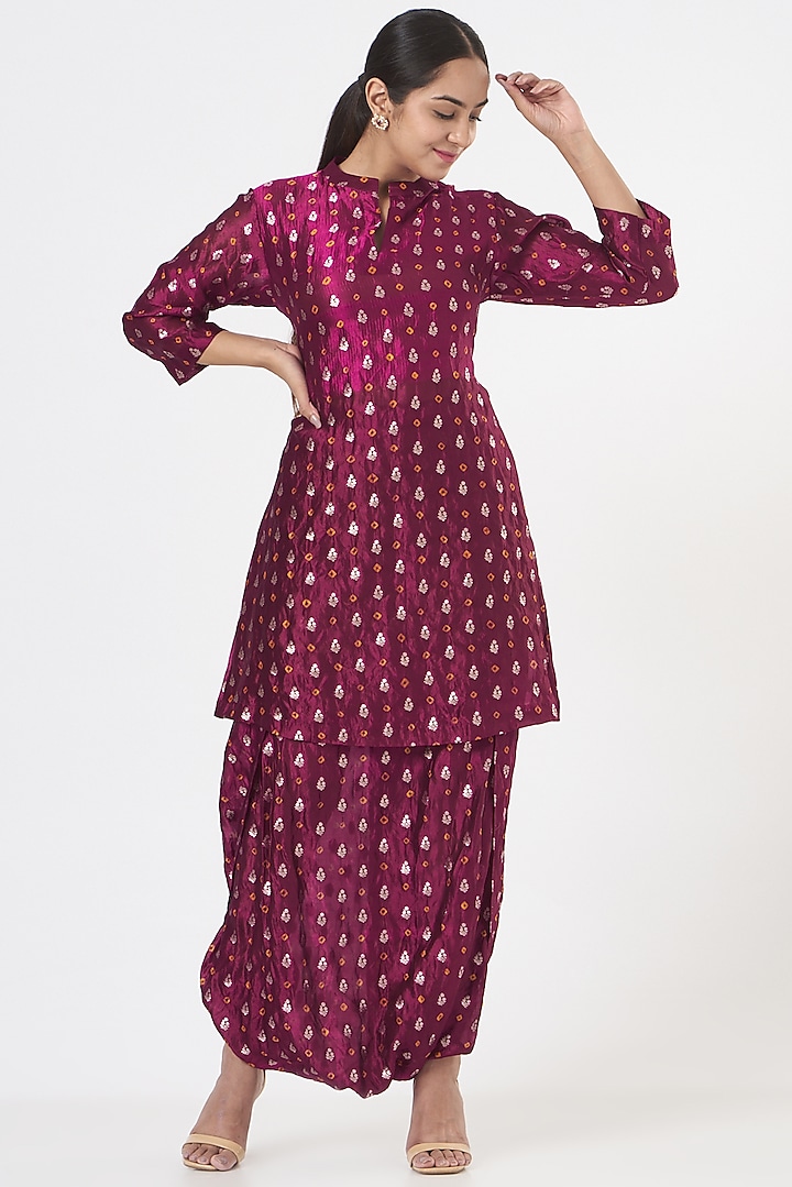 Magenta Silk Dhoti Skirt Set by Pinki Sinha
