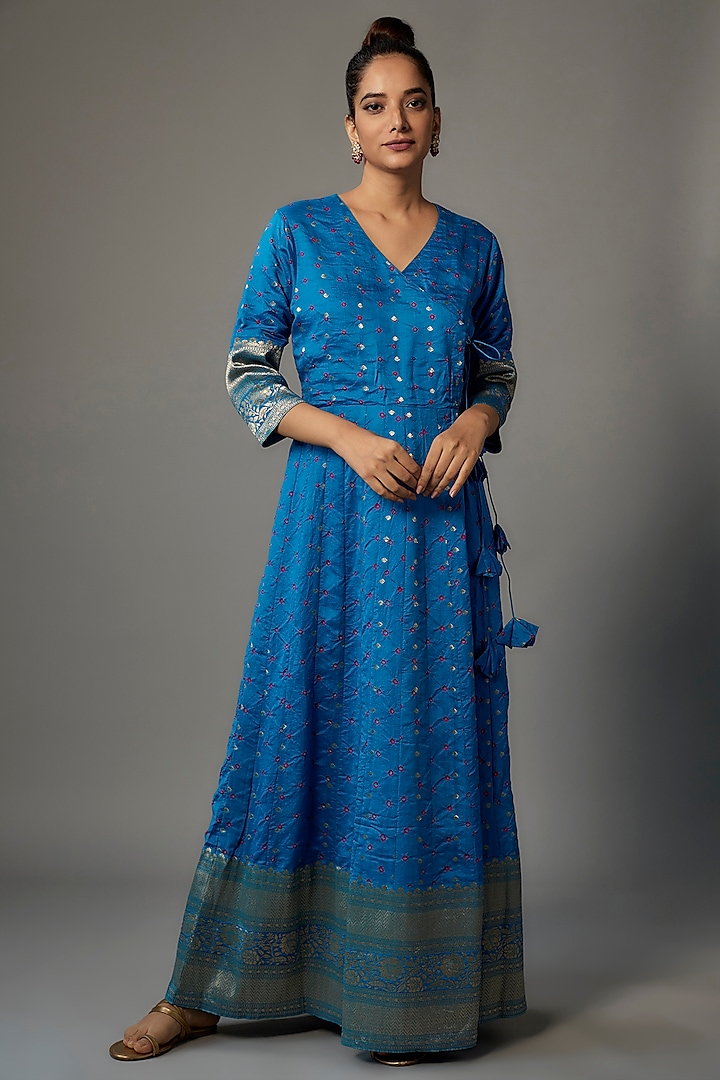 Blue Brocade Silk Handwoven Anarkali by Pinki Sinha
