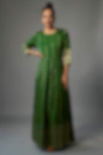 Green Brocade Silk Handwoven Anarkali by Pinki Sinha