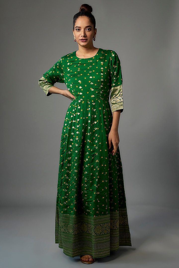 Green Brocade Silk Handwoven Anarkali by Pinki Sinha