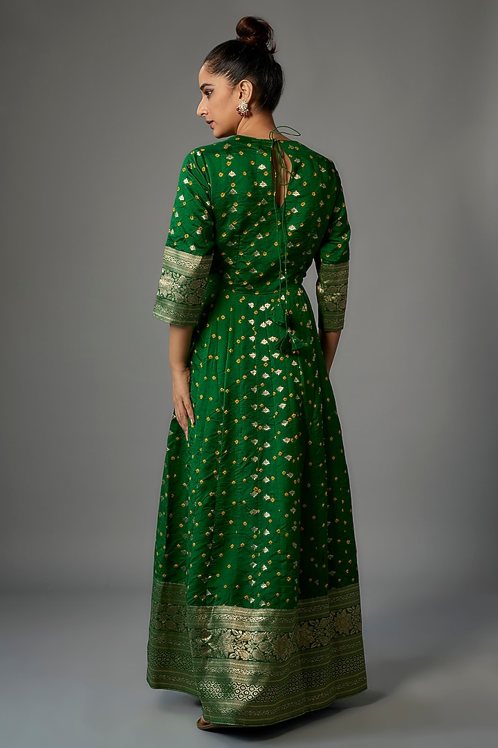 Green Brocade Silk Handwoven Party Wear Anarkali by Pinki Sinha at Pernia's Pop Up Shop