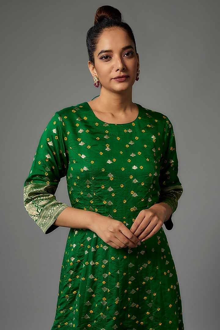 Green Brocade Silk Handwoven Party Wear Anarkali by Pinki Sinha at Pernia's Pop Up Shop