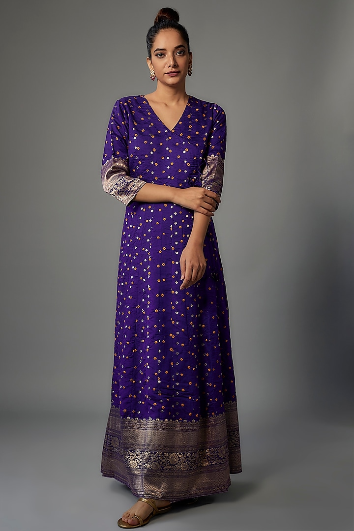 Purple Brocade Silk Handwoven Anarkali by Pinki Sinha
