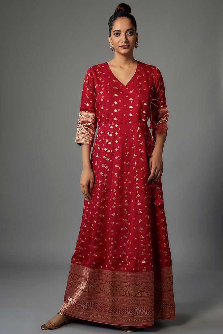 Red Brocade Silk Handwoven Anarkali by Pinki Sinha