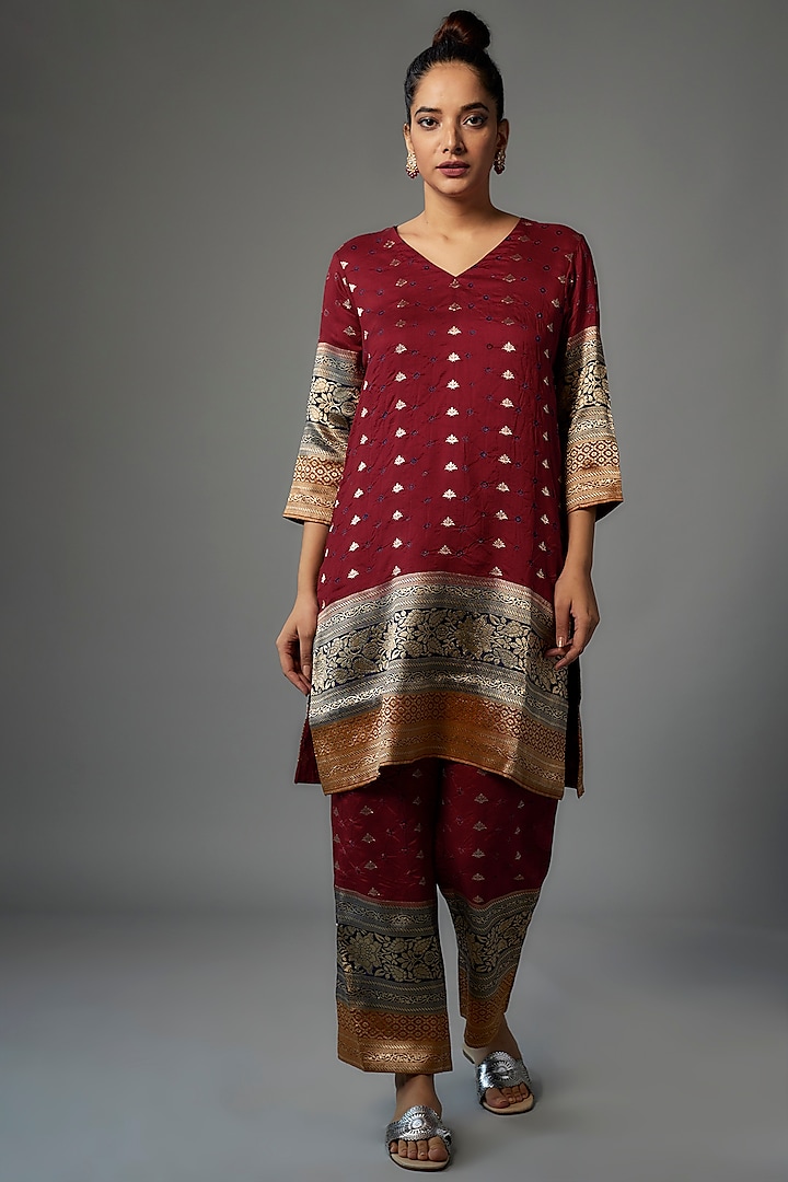 Red Brocade Silk Handwoven Kurta Set by Pinki Sinha