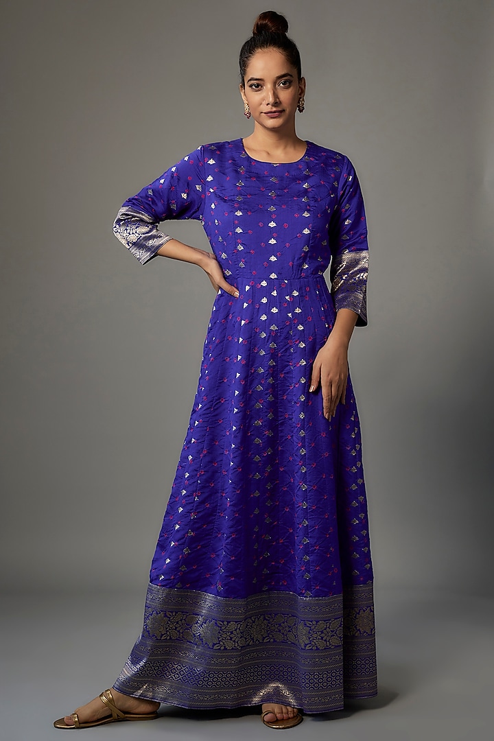 Blue Brocade Silk Handwoven Anarkali by Pinki Sinha