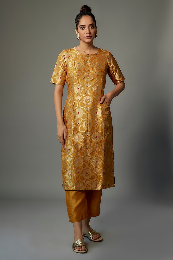 Yellow Brocade Silk Handwoven Kurta Set by Pinki Sinha