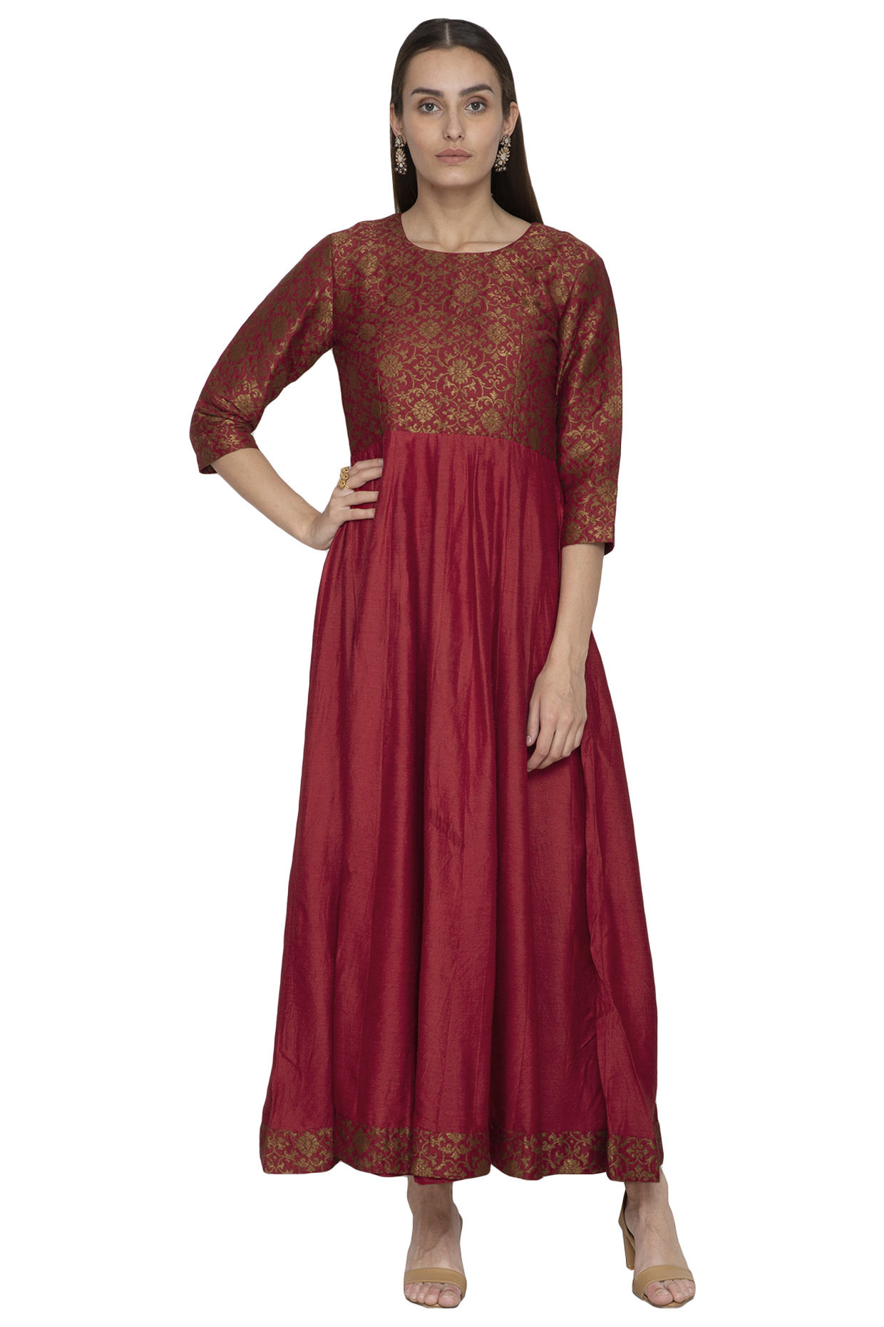 Red Embroidered Banarasi Handloom Anarkali by Pinki Sinha