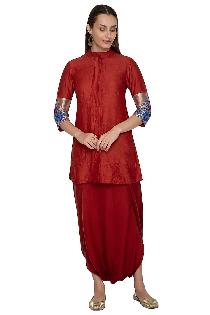 Red Embroidered Pathani Shirt With Dhoti Skirt by Pinki Sinha