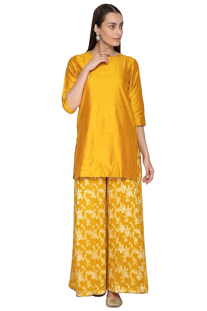 Mustard Yellow Embroidered Kurta With Sharara Pants by Pinki Sinha