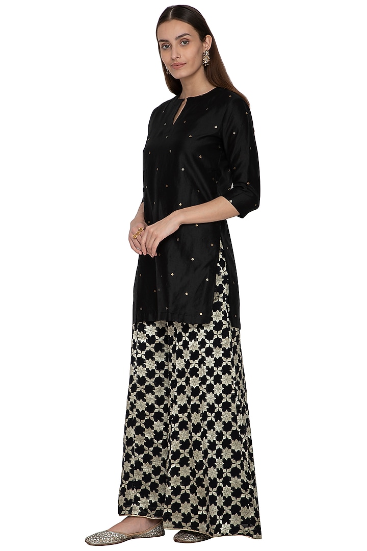 Black Embroidered Kurta With Party Wear Sharara Pants by Pinki Sinha at Pernia's Pop Up Shop