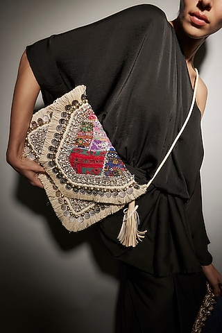 White Vintage Banjara Applique Hand Embroidered Sling Bag by Vipul Shah Bags