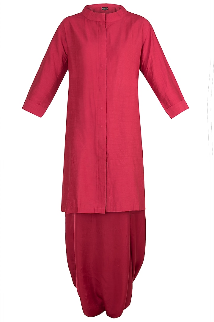 Red Muga Silk Kurta with Dhoti Pants by Pinki Sinha