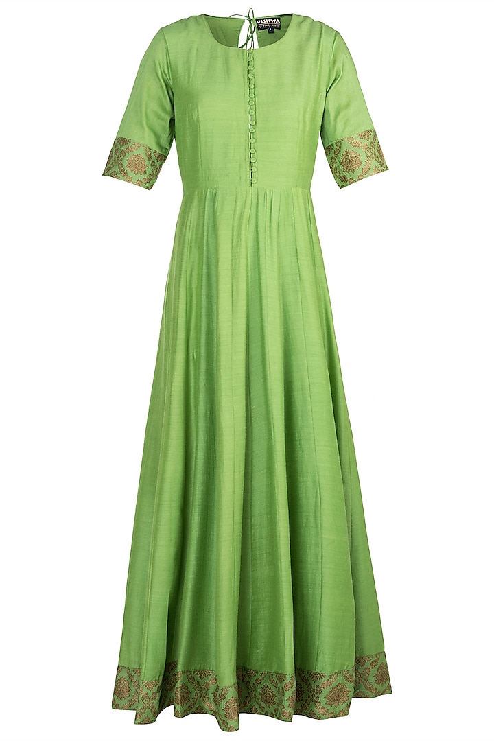 Green Handwoven Banarasi Anarkali Gown by Pinki Sinha