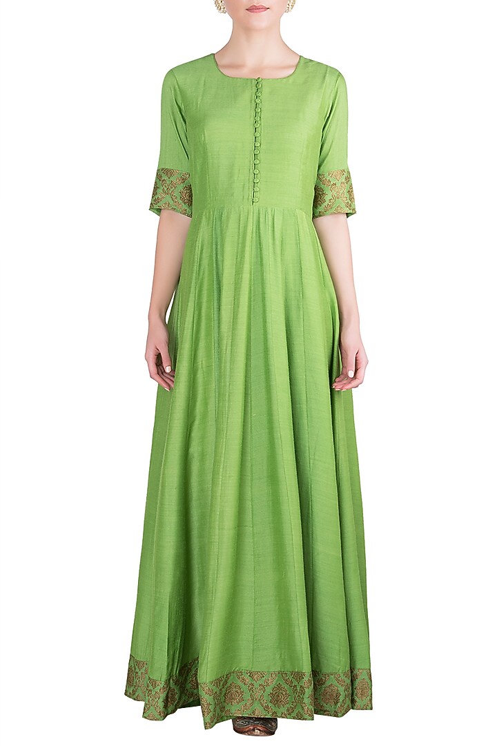 Green handwoven banarasi anarkali gown available only at Pernia's Pop Up Shop.