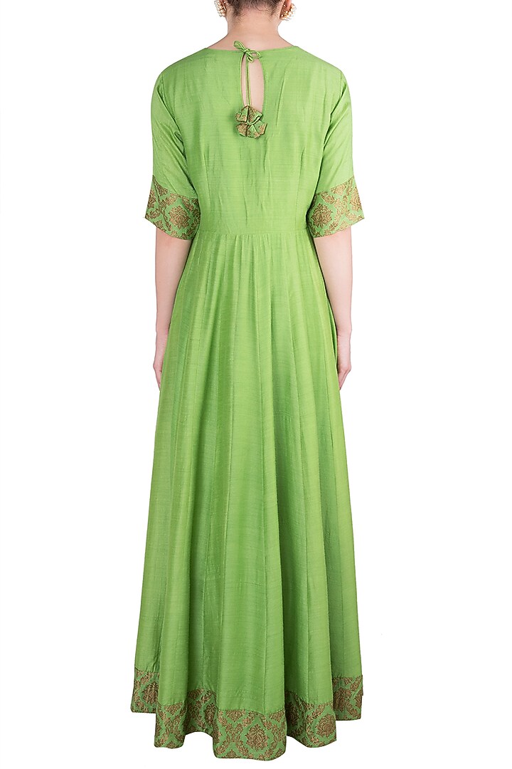 Green handwoven banarasi anarkali gown available only at Pernia's Pop Up Shop.