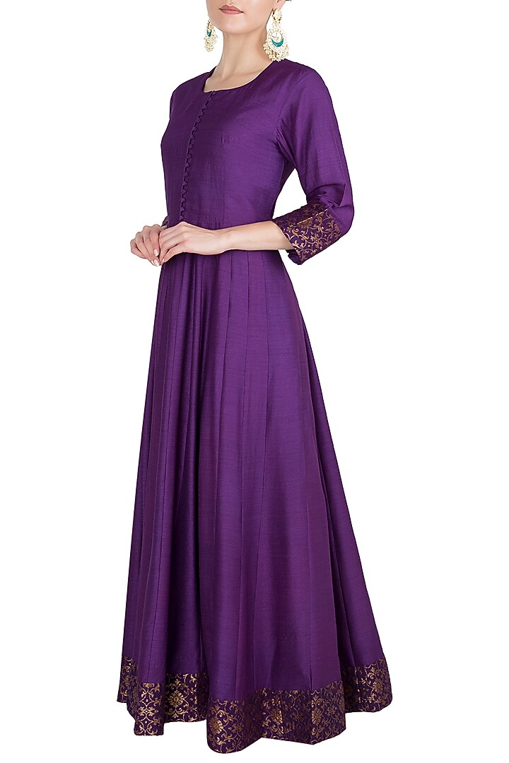 Violet handwoven banarasi anarkali gown available only at Pernia's Pop Up Shop.