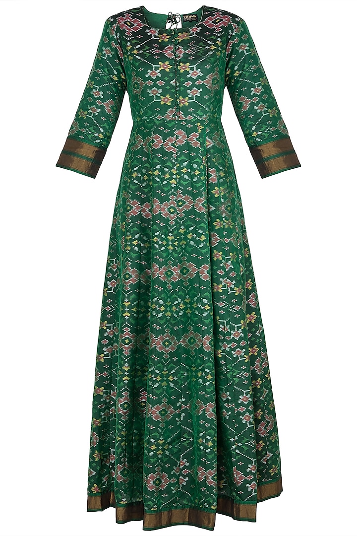 Green Handwoven Ikkat Anarkali Gown by Pinki Sinha