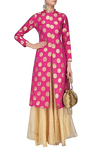 Red Brocade Kurta Jacket and Tissue Skirt Set by Pinki Sinha