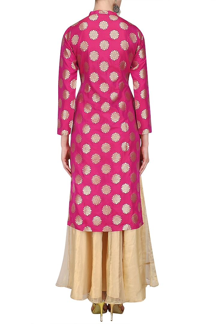 Red brocade kurta jacket and tissue skirt set available only at Pernia's Pop Up Shop.