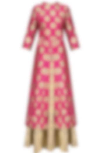 Pink Brocade Kali Kurta and Banarsi Skirt Set by Pinki Sinha