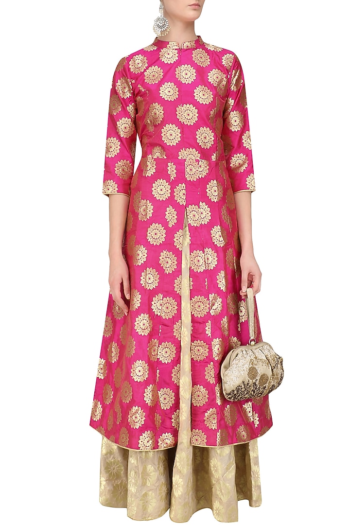 Pink brocade kali kurta and banarsi skirt set available only at Pernia's Pop Up Shop.