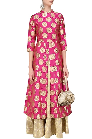 Pink Brocade Kali Kurta and Banarsi Skirt Set by Pinki Sinha