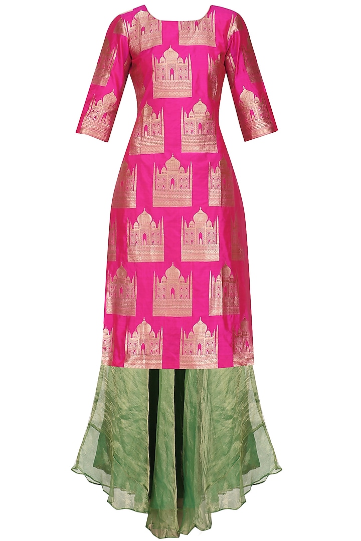 Pink Brocade Tajmahal Kurta and Tissue Skirt Set by Pinki Sinha