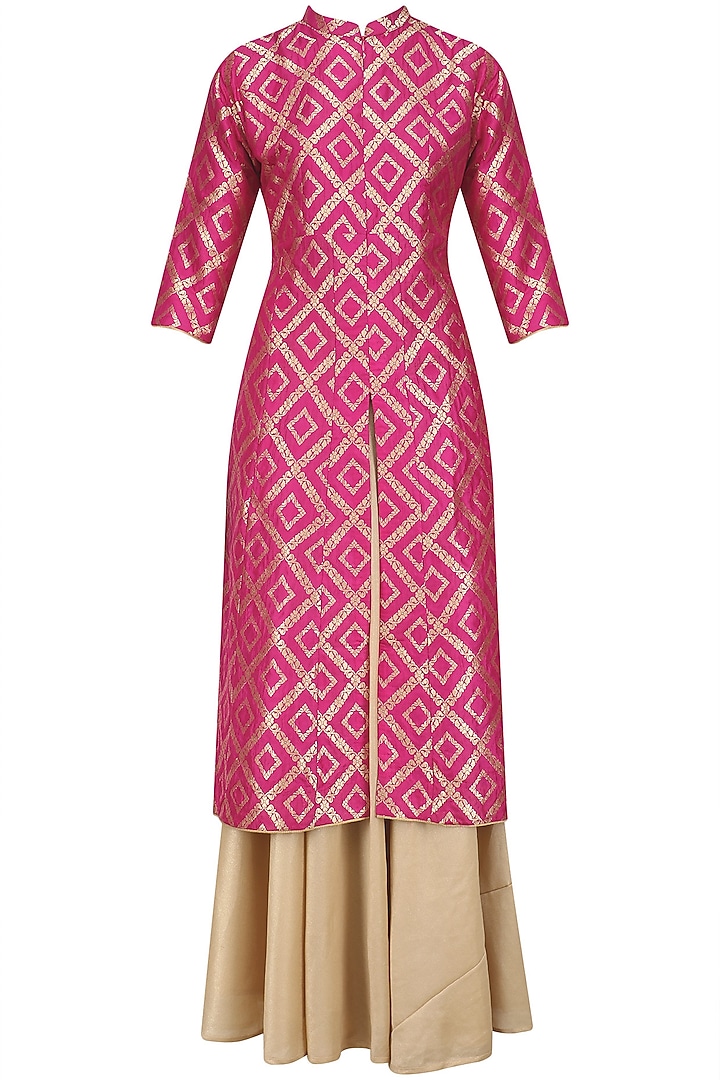 Pink Brocade Kali Kurta and Gold Skirt Set by Pinki Sinha