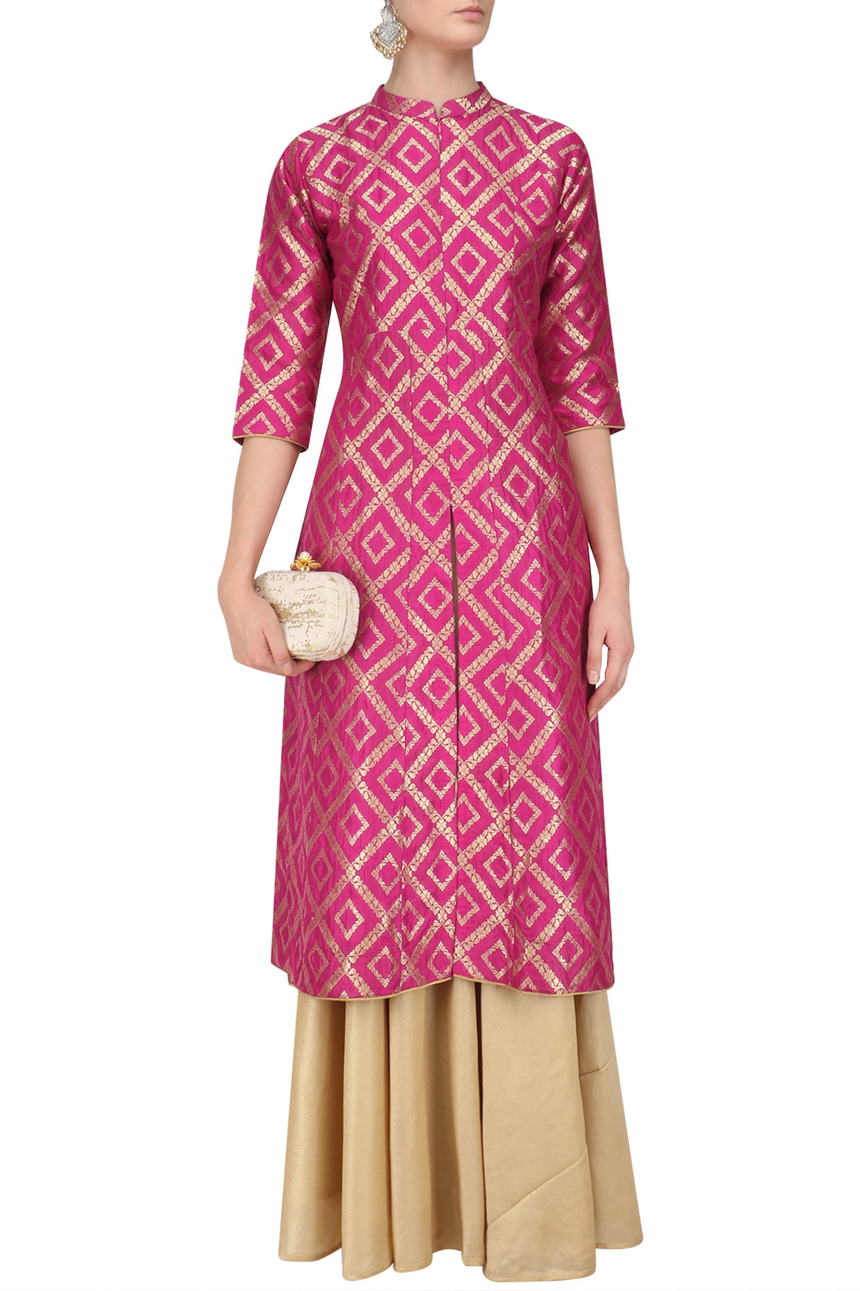 Pink brocade kali kurta and gold skirt 