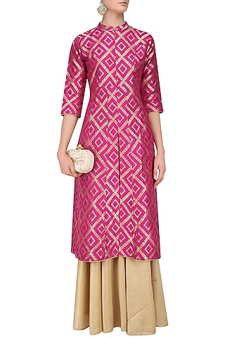 Pink Brocade Kali Kurta and Gold Skirt Set by Pinki Sinha
