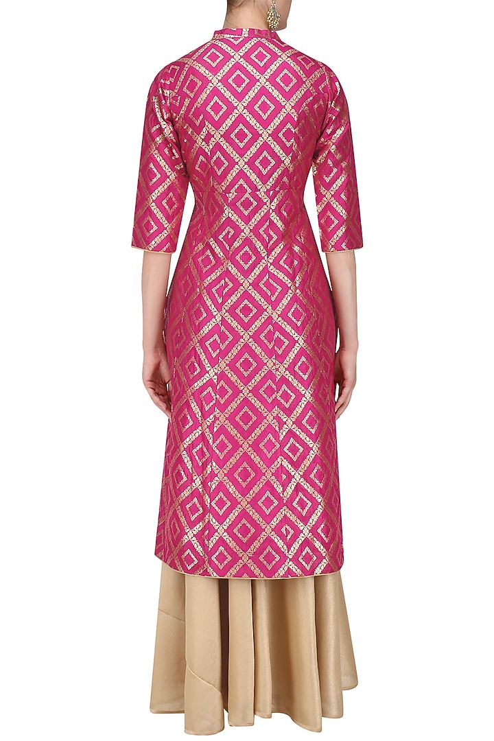 Pink brocade kali kurta and gold skirt set available only at Pernia's Pop Up Shop.