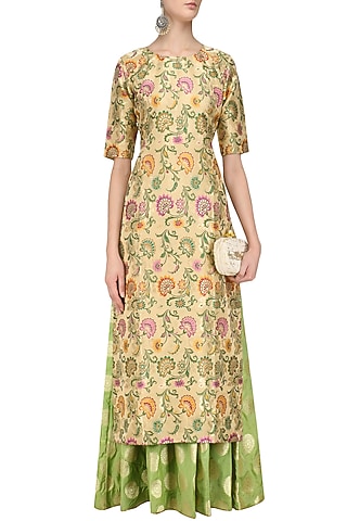 Beige Khim Khaab Kurta and Banarsi Skirt Set by Pinki Sinha