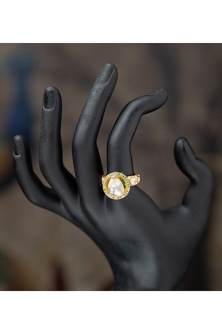 Gold Plated Moissanite Polki & Blue Synthetic Stone Ring In Sterling Silver by Varq Jewels at Pernia's Pop Up Shop