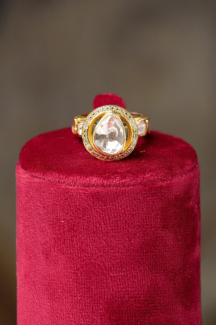 Gold Plated Moissanite Polki & Blue Synthetic Stone Ring In Sterling Silver by Varq Jewels at Pernia's Pop Up Shop