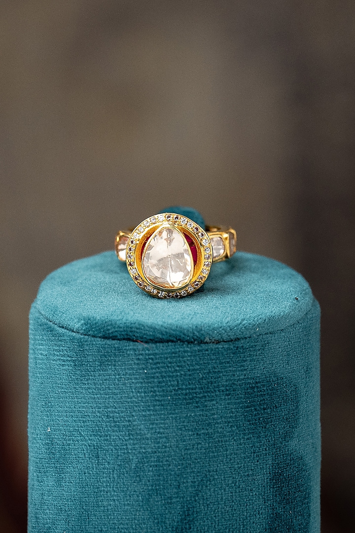 Gold Plated Moissanite Polki & Blue Synthetic Stone Ring In Sterling Silver by Varq Jewels