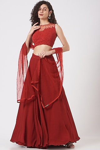 Red Embroidered Lehenga Set by Vaarha