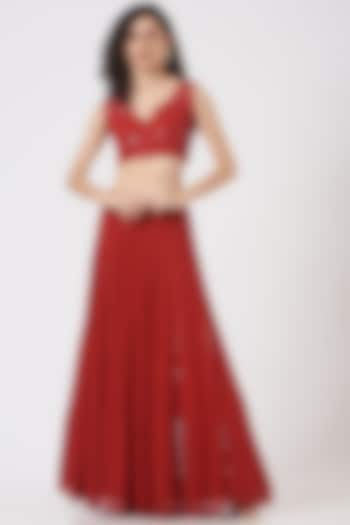 Red Georgette Embroidered Lehenga Set by Vaarha