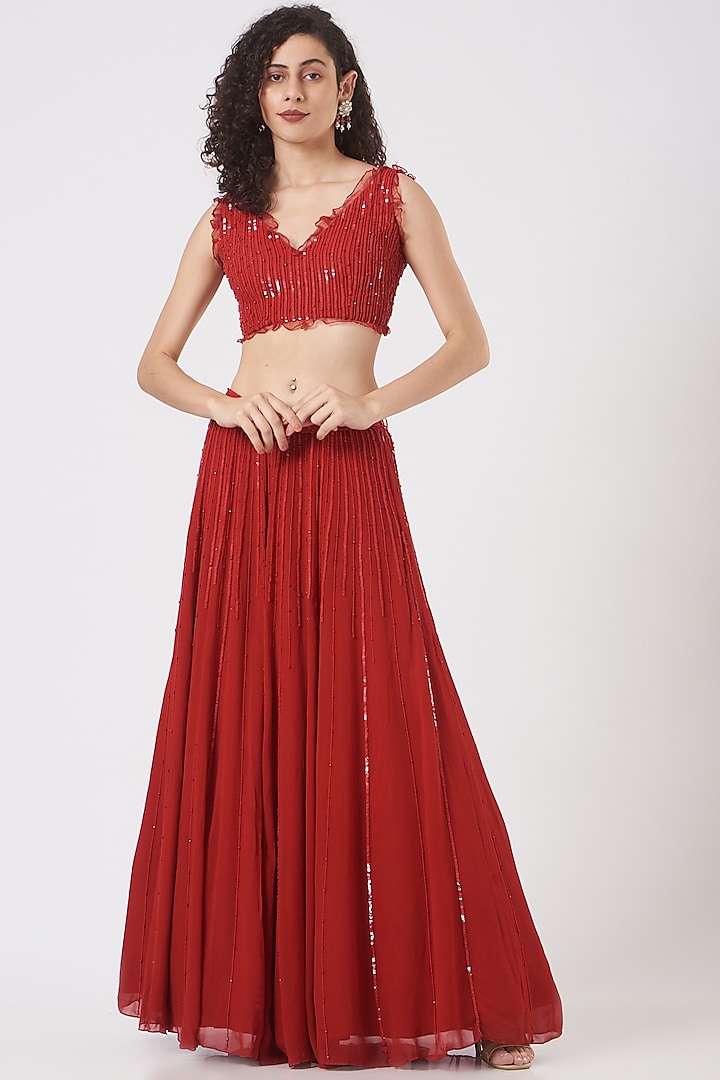 Red Georgette Embroidered Lehenga Set by Vaarha