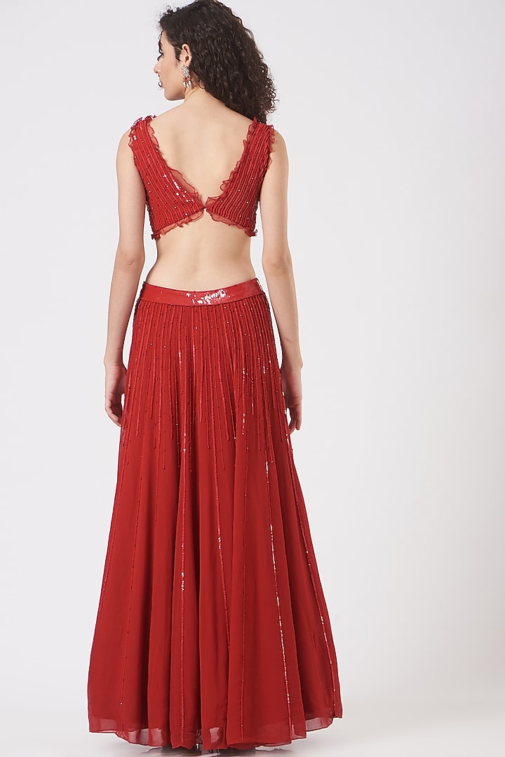 Red Georgette Embroidered Wedding Lehenga Set by Vaarha at Pernia's Pop Up Shop