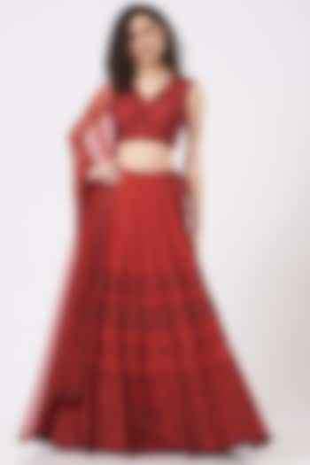 Red Aari Embroidered Lehenga Set by Vaarha